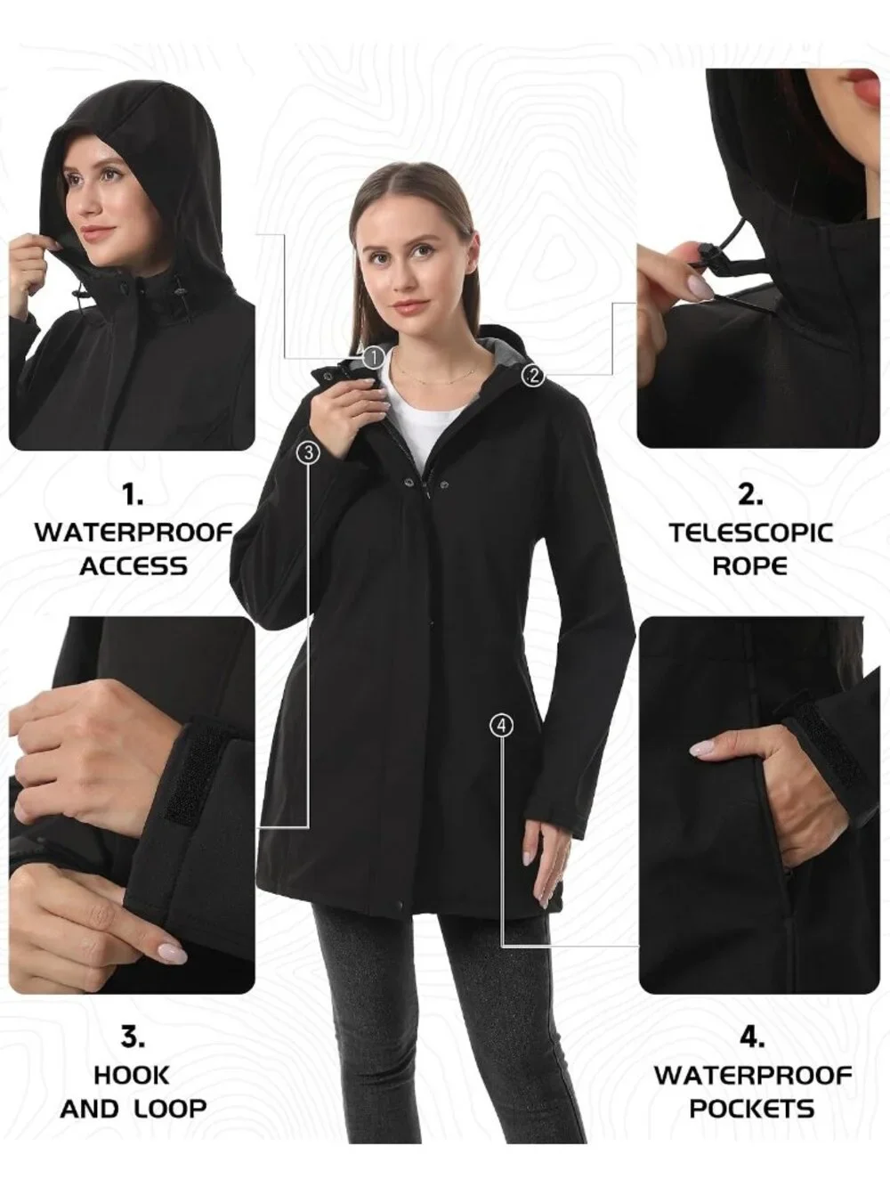 Women's Black Hooded Fleece Lined Waterproof Hiking Softshell Long Rain Jacket